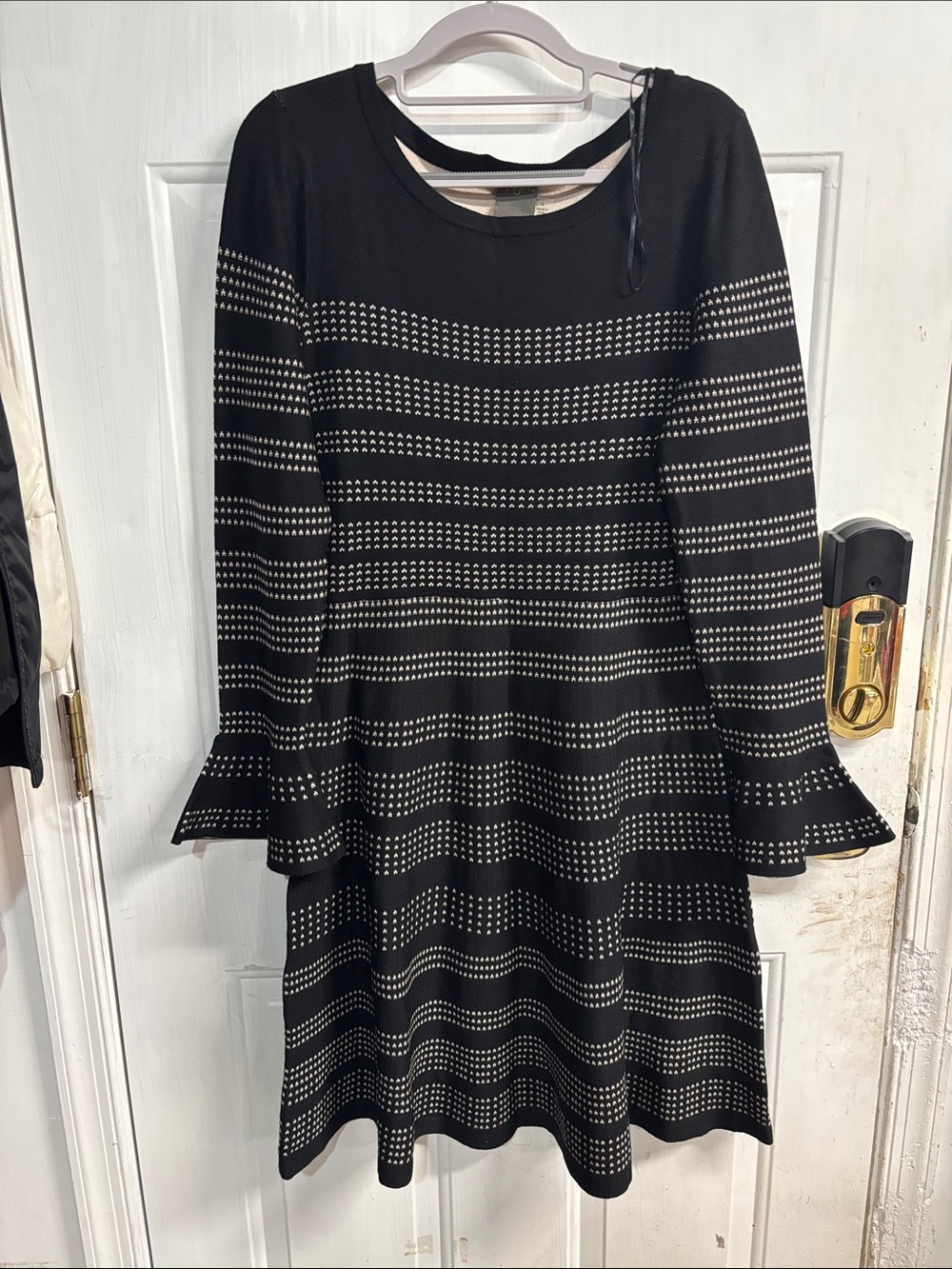 Taylor Black Knit Long-Sleeve Dress with White Dot Stripes NWT